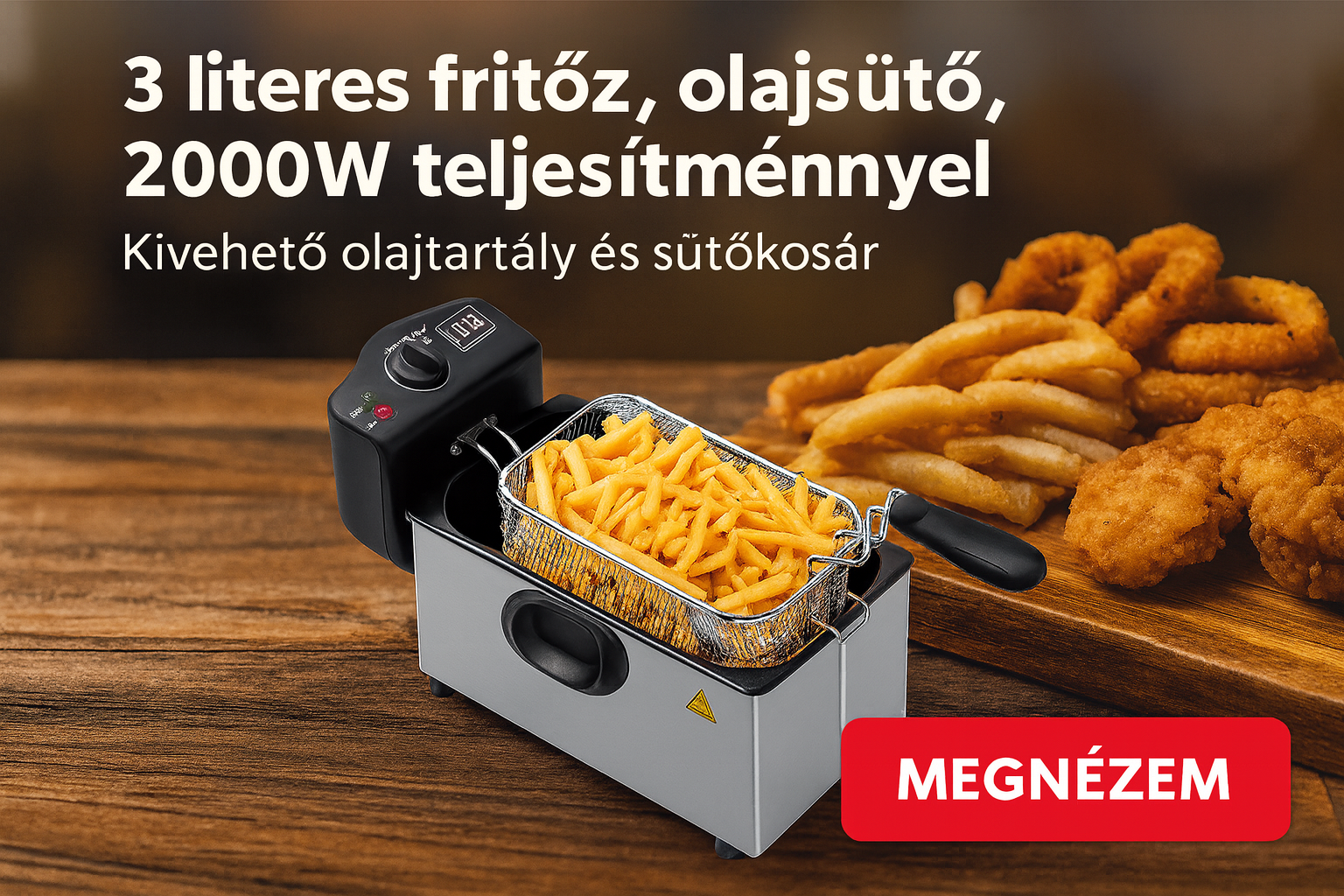 3 literes fritőz, olajsütő, 2000W teljesítménnyel, kivehető olajtartállyal, csak 12.490 Ft!
